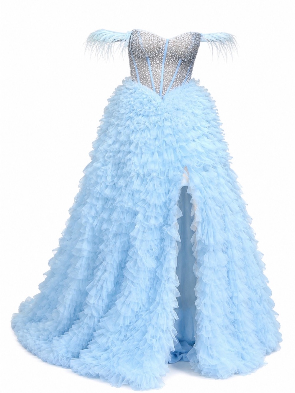 Sherry Hill #55387 Light Blue Ruffled Tulle Prom Gown with Beaded Corset size 00